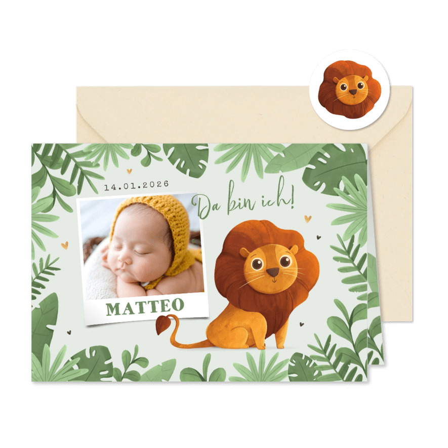Foto-Danksagung Geburt mit Löwe - Karteneindruck