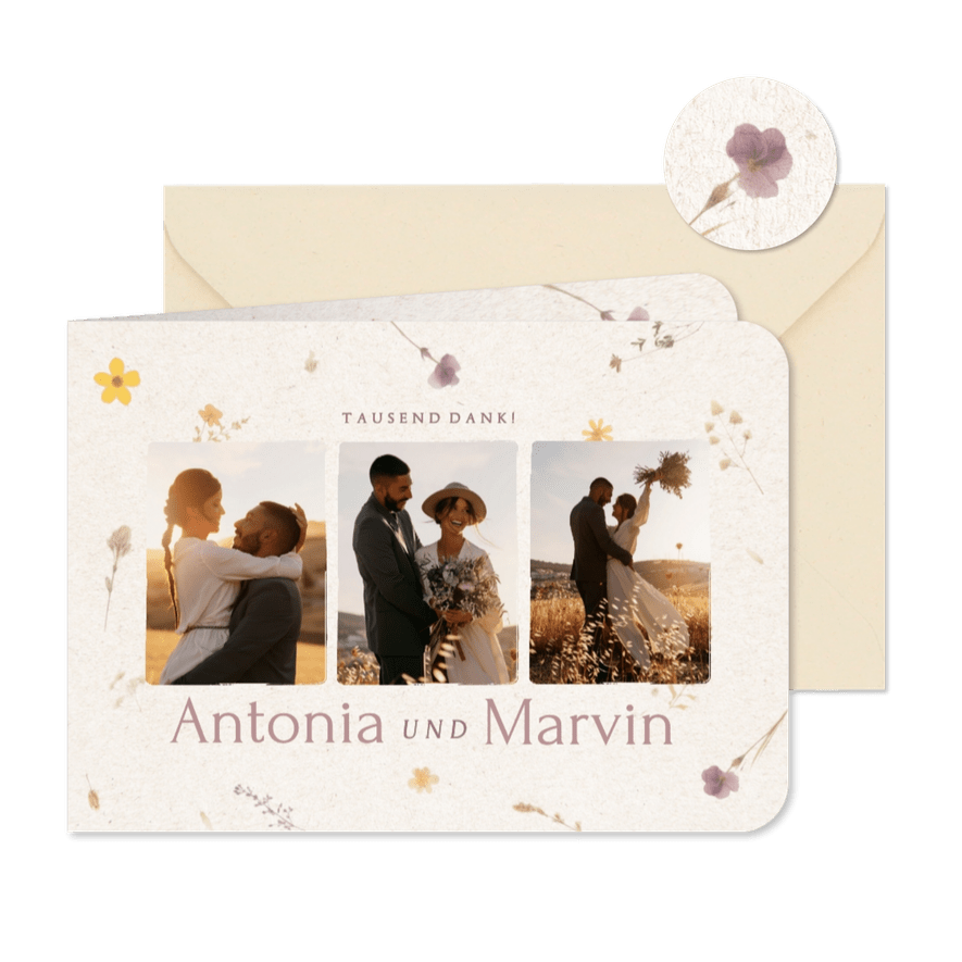 Foto-Danksagung Hochzeit Papier mit gepressten Blumen - Karteneindruck