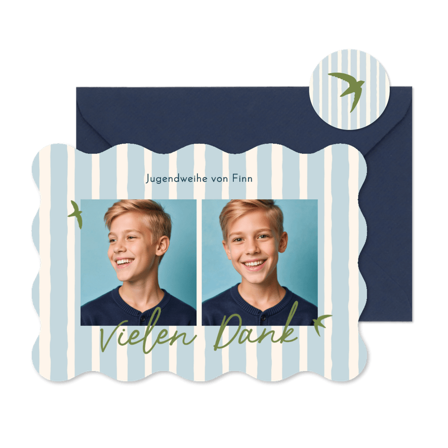 Foto-Danksagung Jugendweihe Vögel blau gestreift - Karteneindruck
