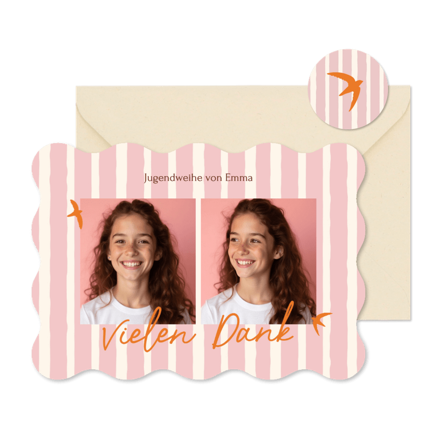 Foto-Danksagung Jugendweihe Vögel rosa gestreift - Karteneindruck
