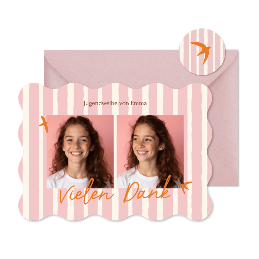 Foto-Danksagung Jugendweihe Vögel rosa gestreift - Kartenvorschau