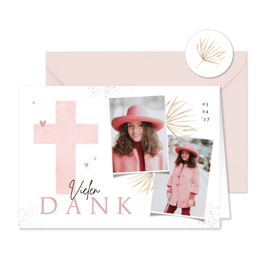 Foto-Danksagung Konfirmation rosa Kreuz - Karteneindruck