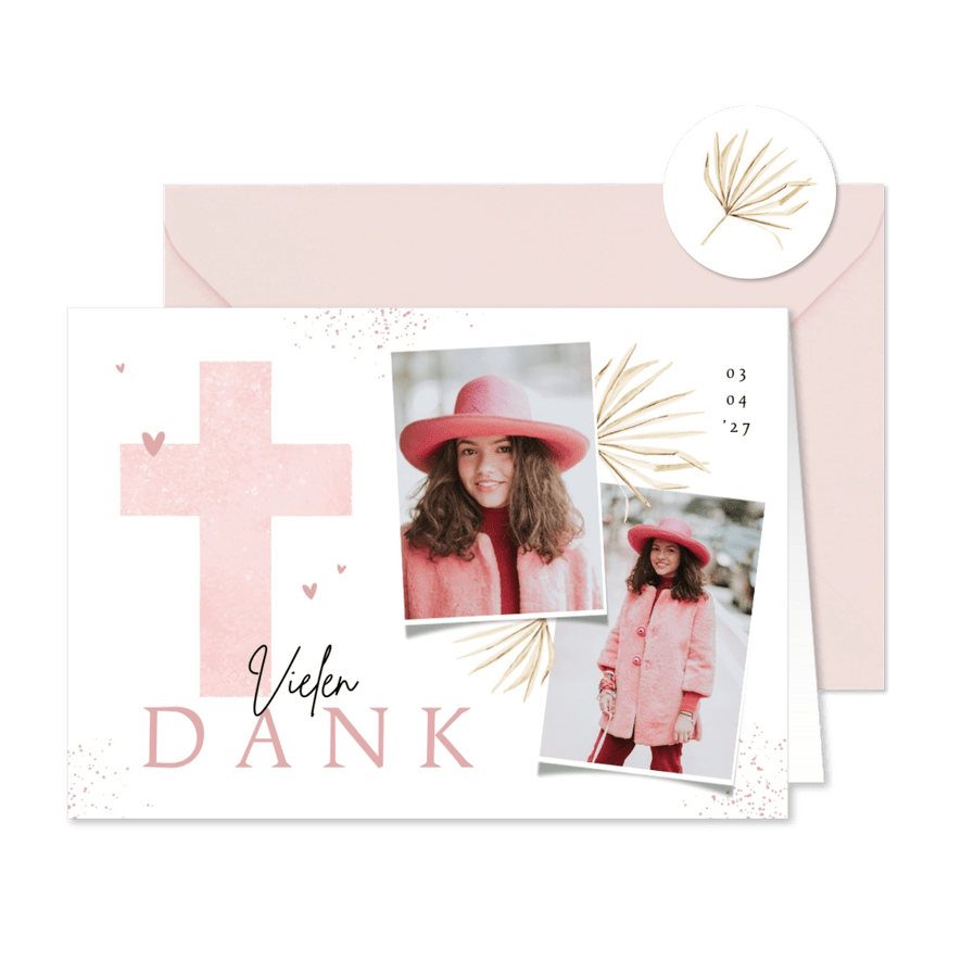 Foto-Danksagung Konfirmation rosa Kreuz - Karteneindruck
