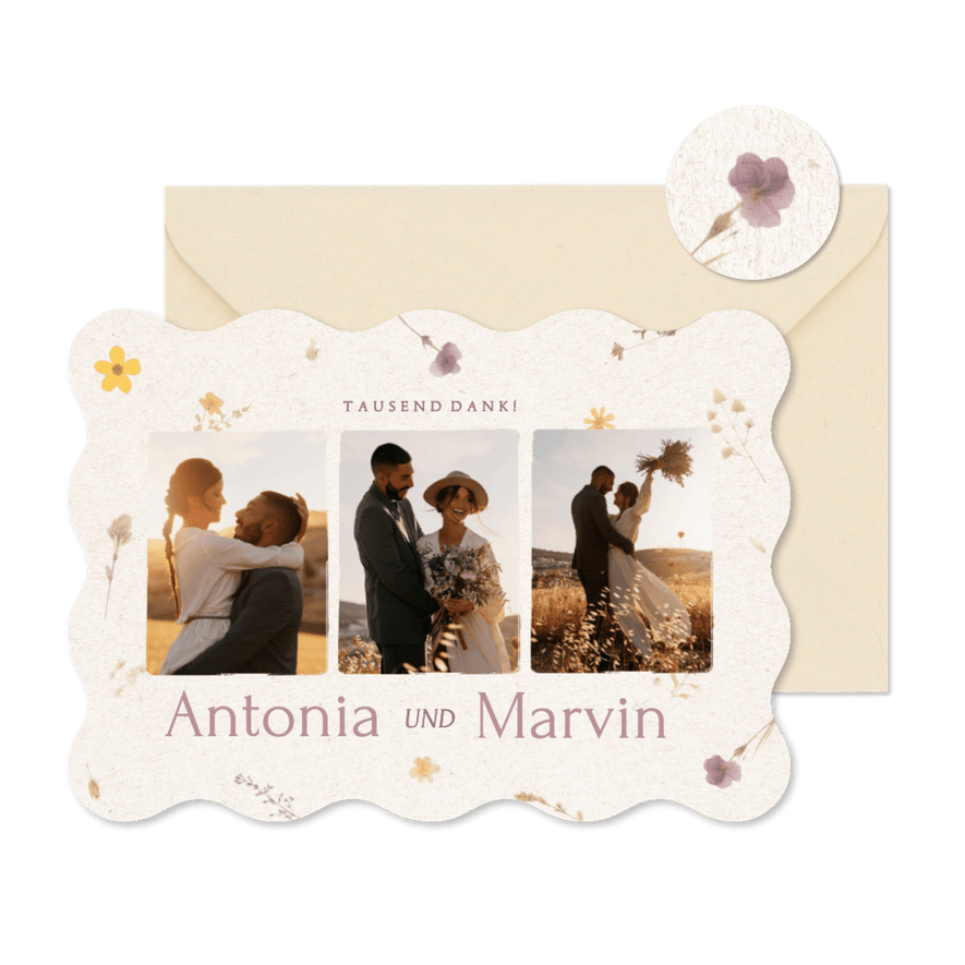 Foto-Danksagung Wellenform Papier mit gepressten Blumen - Karteneindruck

