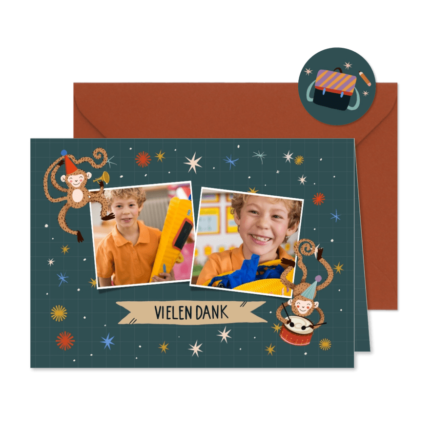 Foto-Danksagung zur Einschulung Affen Party - Karteneindruck
