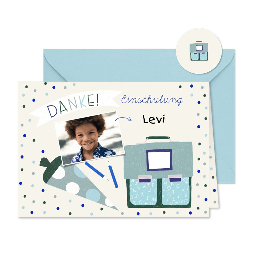Foto-Danksagung zur Einschulung blau Schulranzen & Schultüte - Kartenvorschau
