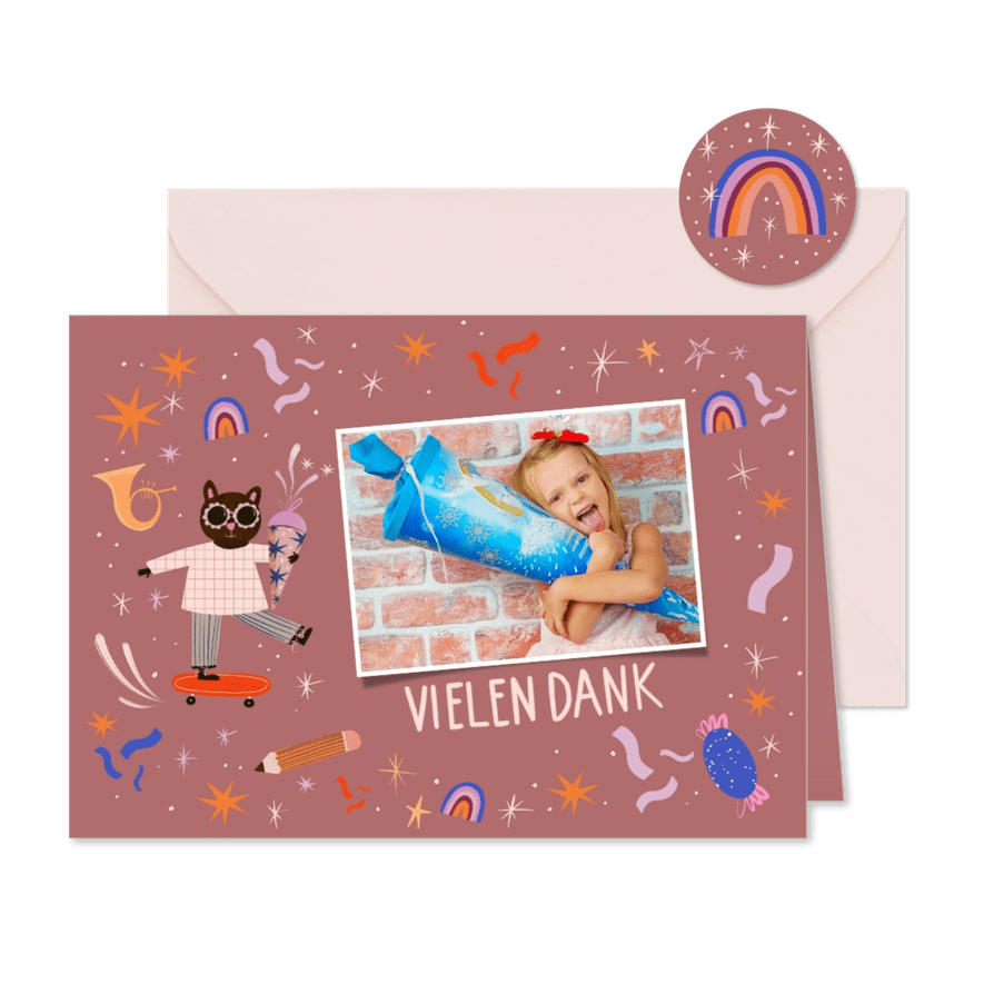 Foto Danksagung zur Einschulung Katze und rosa Schultüte - Karteneindruck
