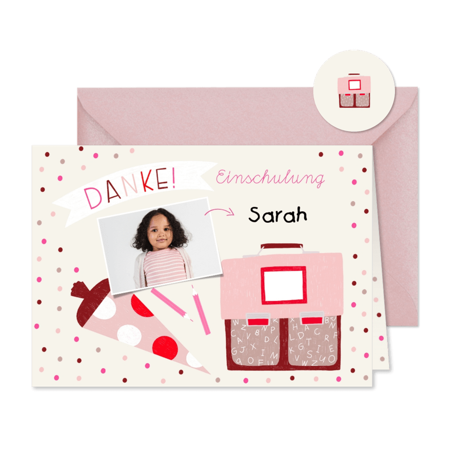Foto-Danksagung zur Einschulung rosa Schulranzen & Schultüte - Kartenvorschau
