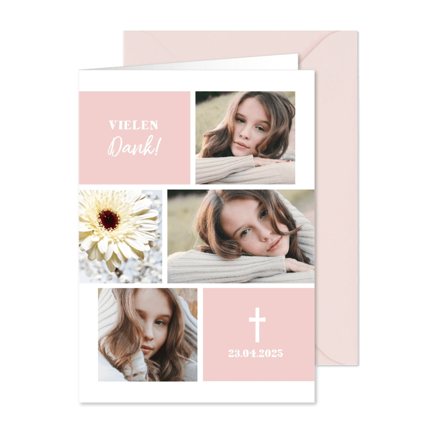 Foto-Danksagung zur Kommunion rosa Fotocollage - Karteneindruck