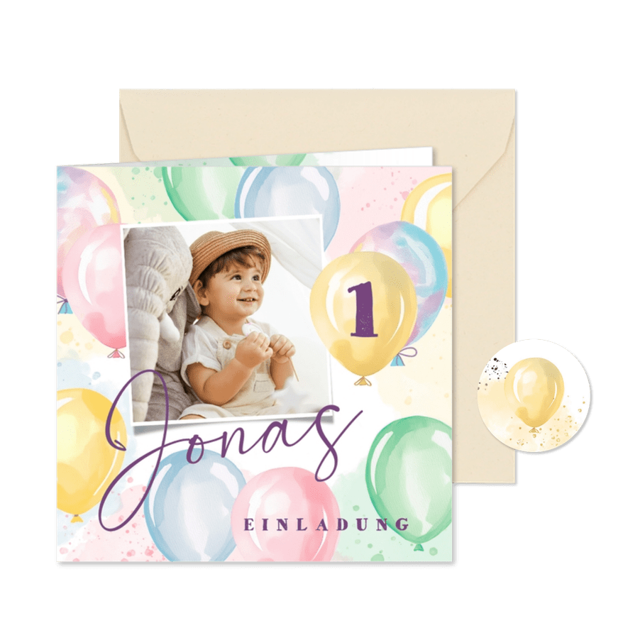 Foto-Einladung 1. Geburtstag bunte Luftballons Aquarell - Karteneindruck
