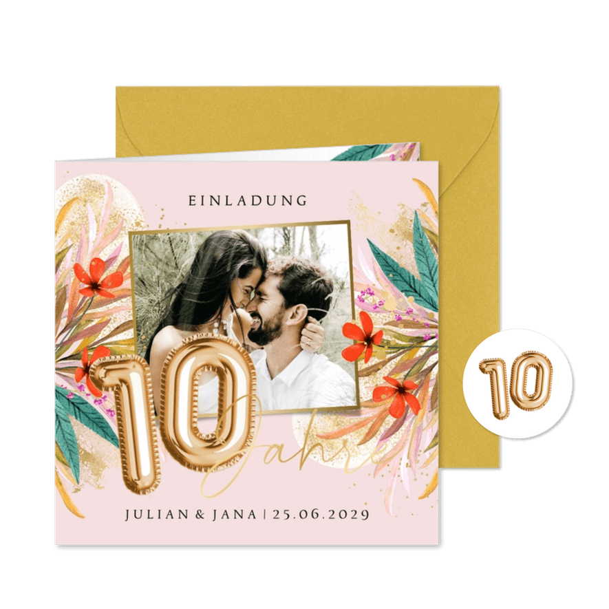 Foto-Einladung 10. Hochzeitstag bunte Blüten - Karteneindruck