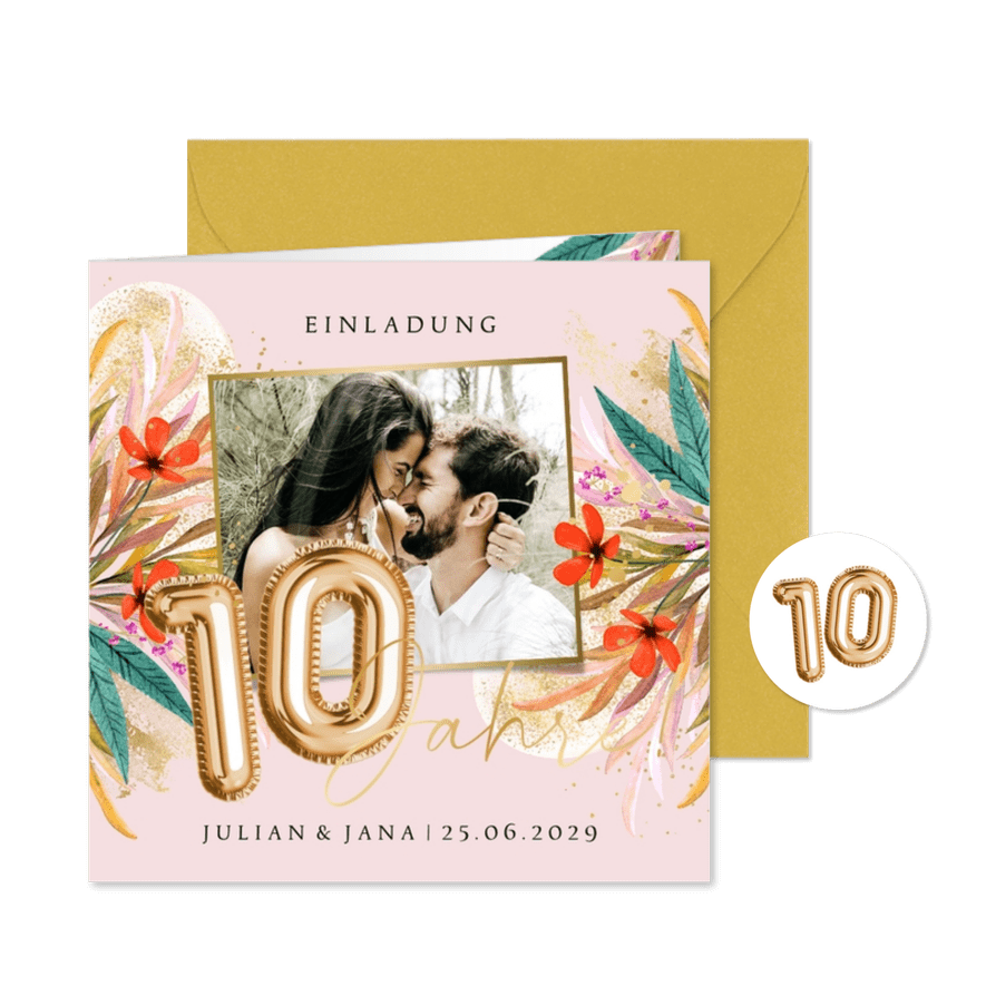 Foto-Einladung 10. Hochzeitstag bunte Blüten - Karteneindruck
