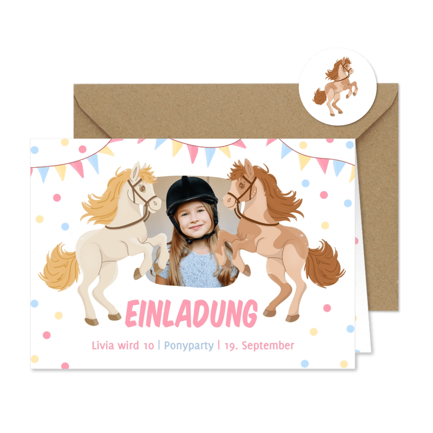 Foto-Einladung 10. Kindergeburtstag Ponyparty - Karteneindruck
