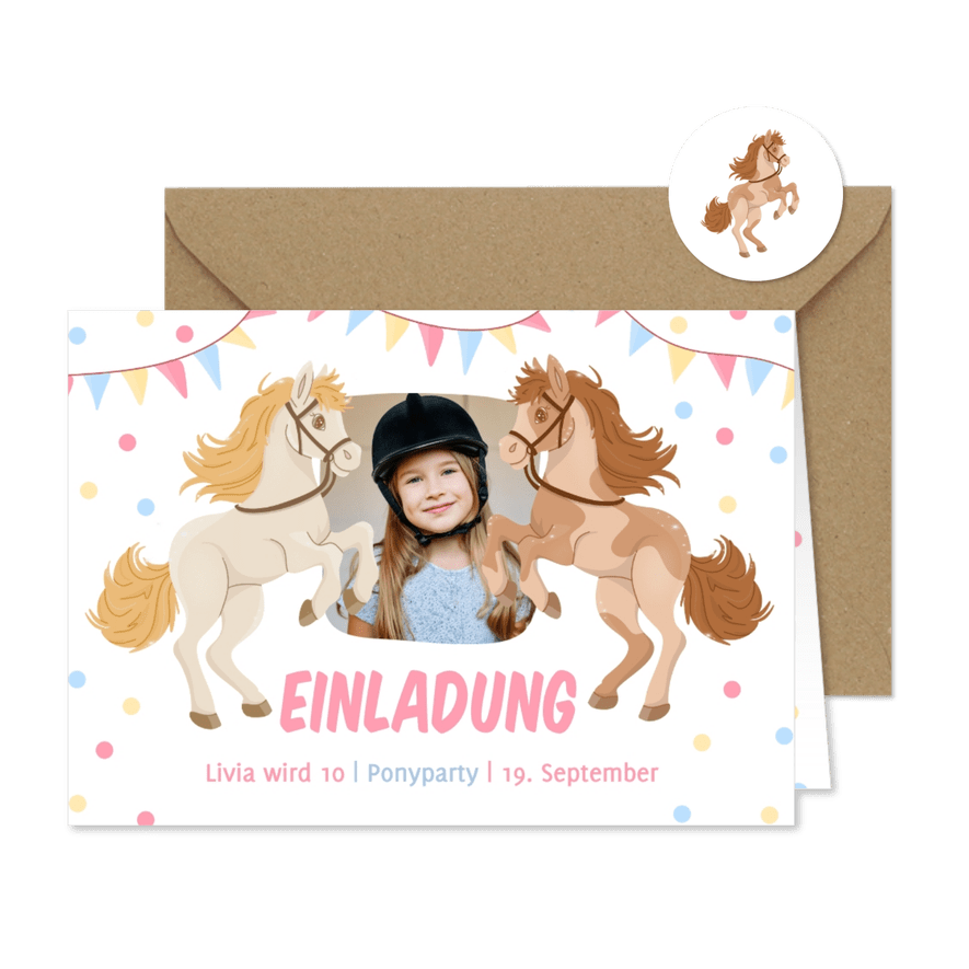 Foto-Einladung 10. Kindergeburtstag Ponyparty - Karteneindruck
