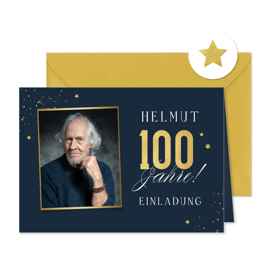 Foto-Einladung 100. Geburtstag dunkelblau - Karteneindruck

