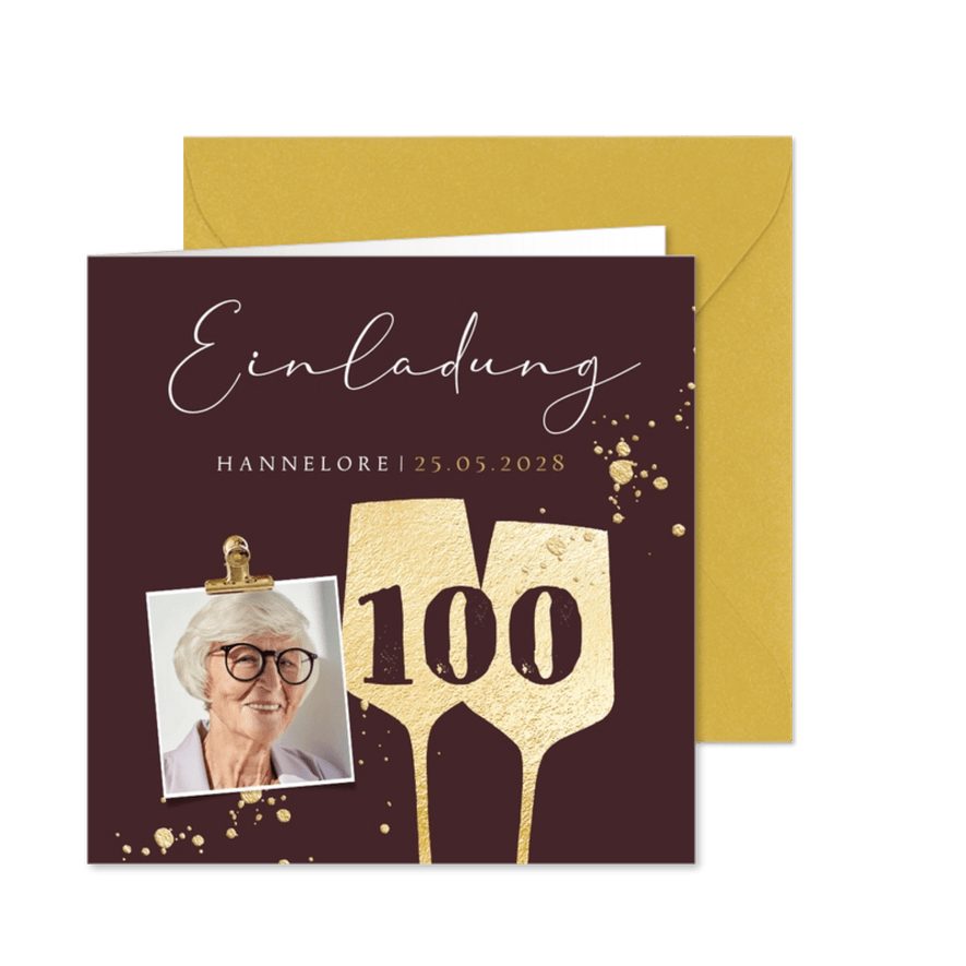 Foto-Einladung 100. Geburtstag Sektgläser mit Alter - Karteneindruck
