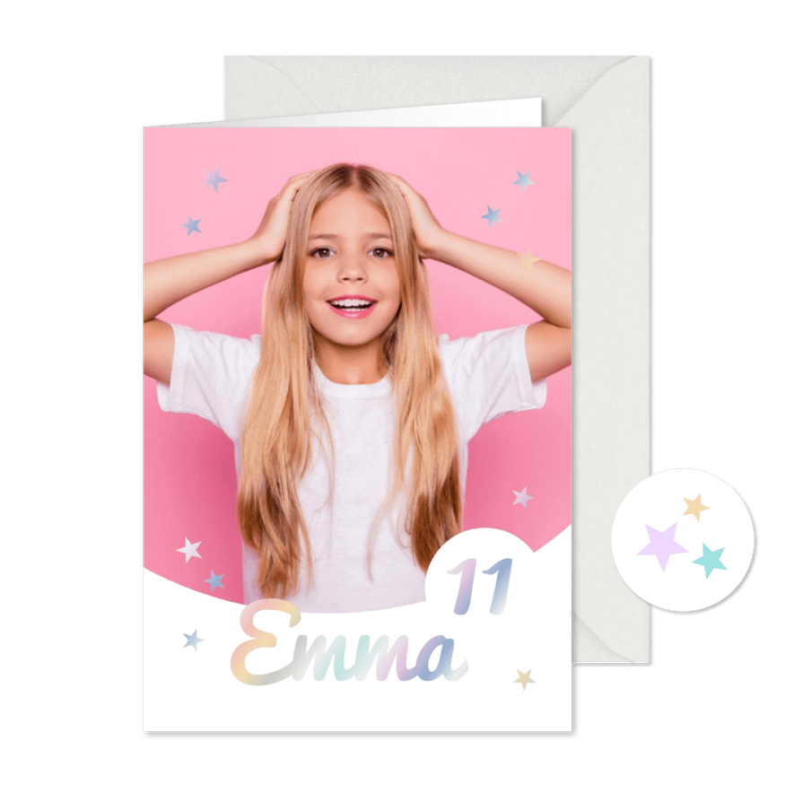 Foto-Einladung 11. Kindergeburtstag Mädchen holografisch - Karteneindruck
