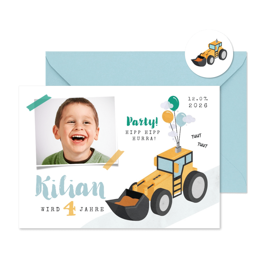 Foto-Einladung 4. Kindergeburtstag mit Bagger Luftballons - Karteneindruck