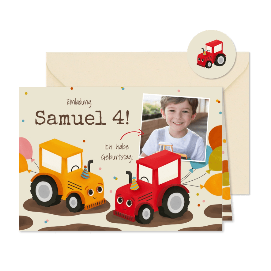 Foto-Einladung 4. Kindergeburtstag Traktor-Duo - Karteneindruck
