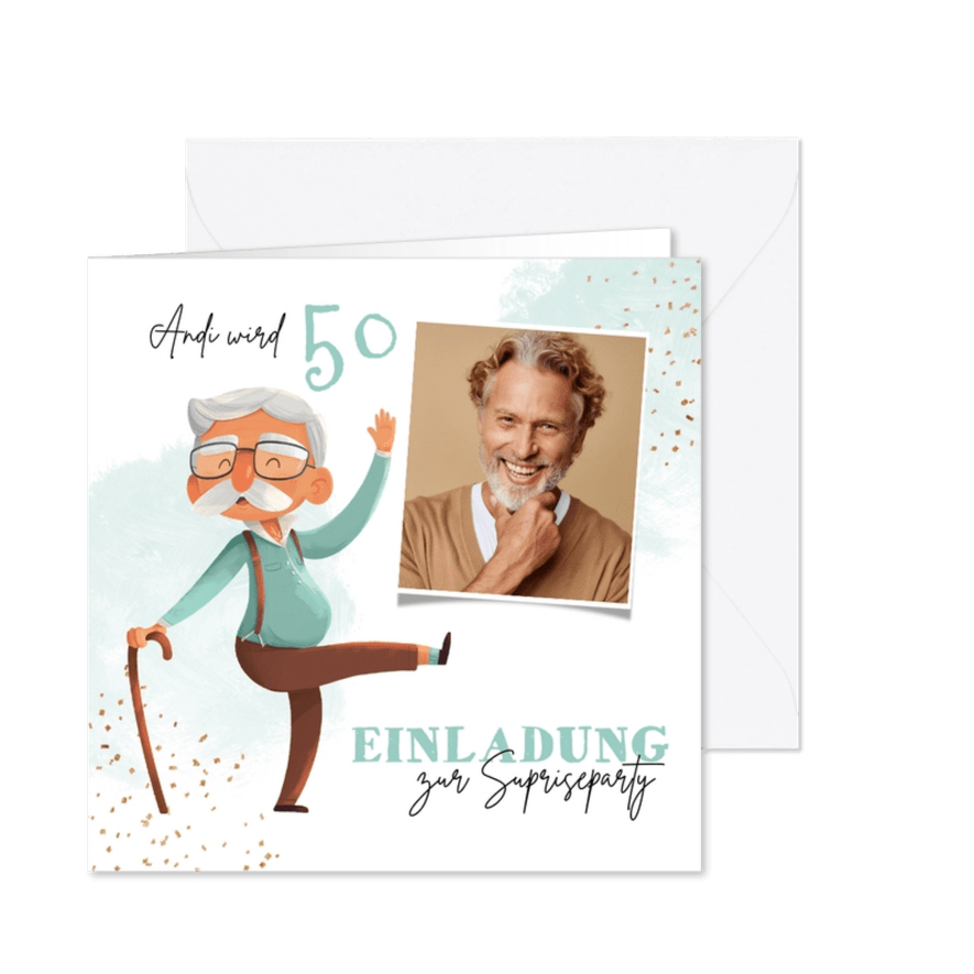 Foto-Einladung 50. Geburtstag Mann mit Stock - Karteneindruck
