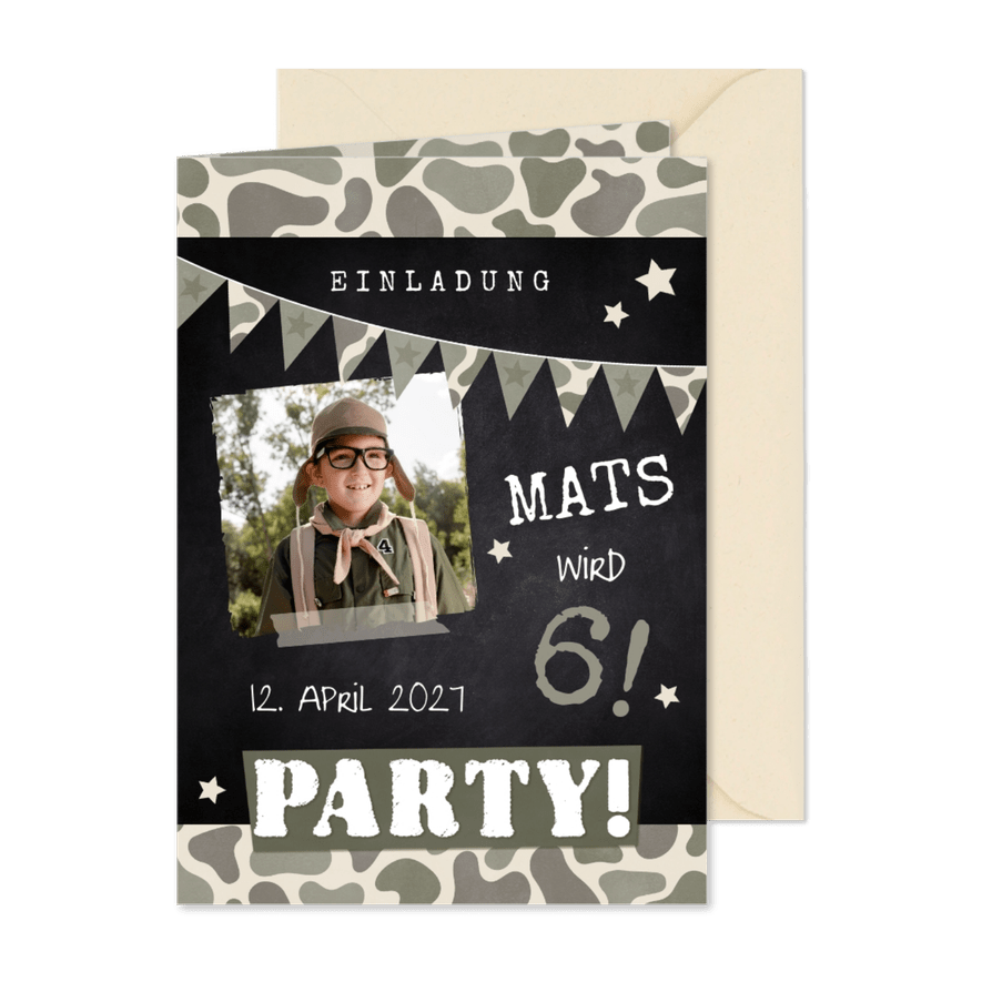 Foto-Einladung 6. Kindergeburtstag Armylook - Karteneindruck
