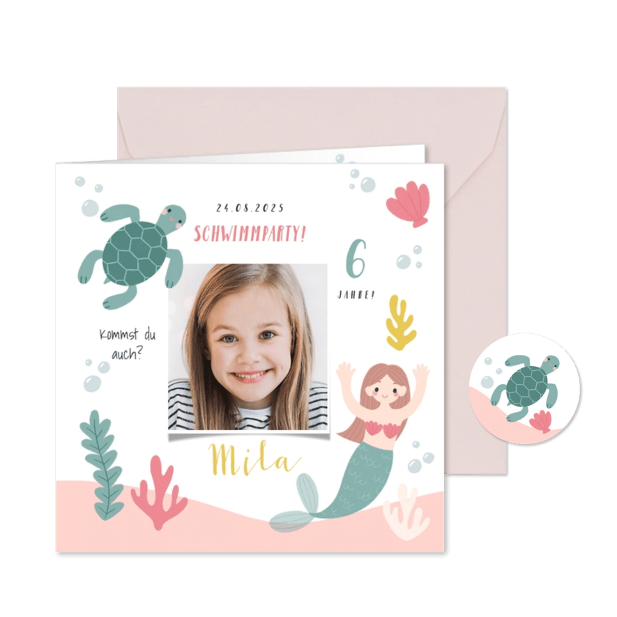 Foto-Einladung 6. Kindergeburtstag Schildkröte Meerjungfrau - Karteneindruck