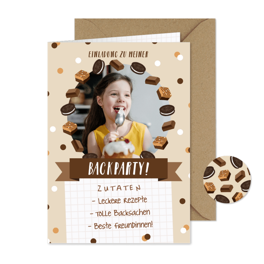 Foto-Einladung 7. Kindergeburtstag Backparty  - Karteneindruck
