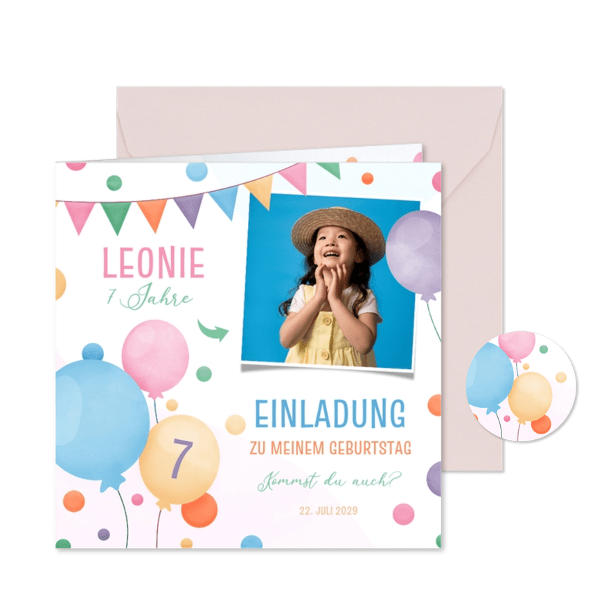 Foto-Einladung 7. Kindergeburtstag fröhliche Luftballons - Kartenvorschau
