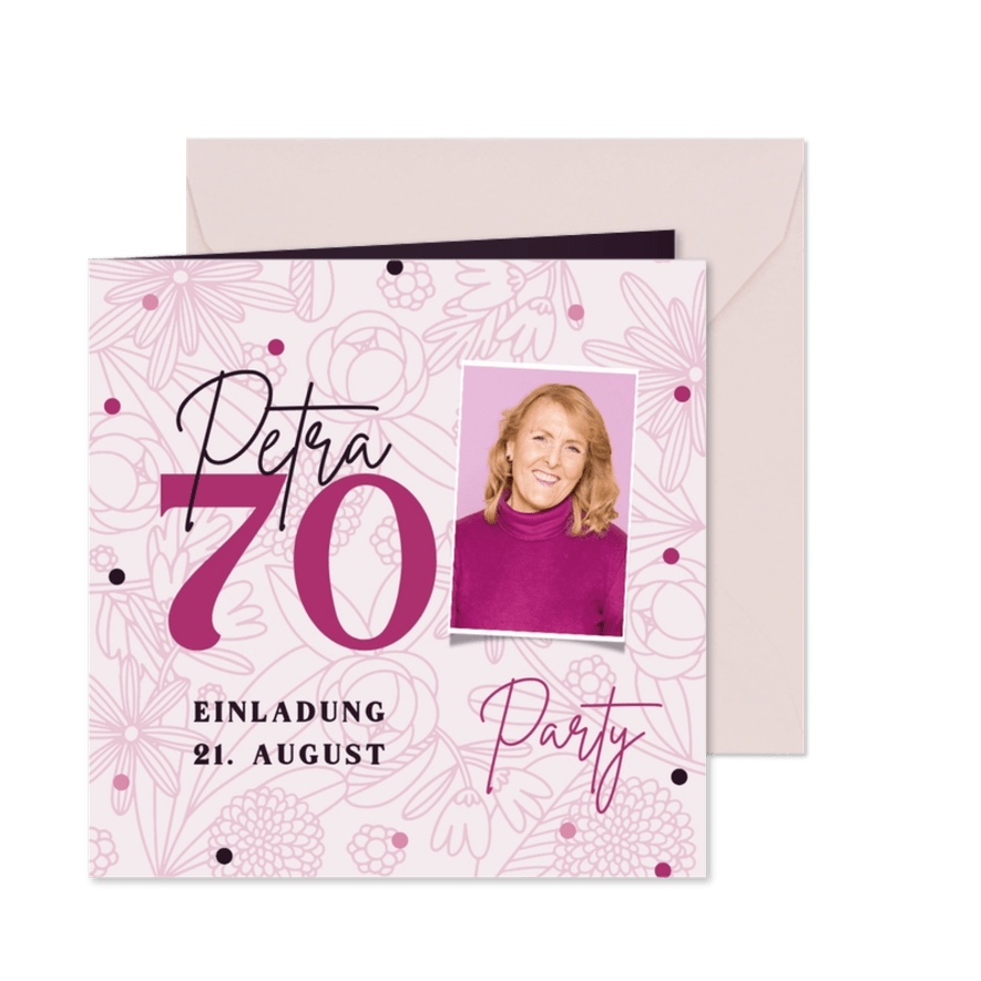 Foto-Einladung 70. Geburtstag rosa Blumen Party - Karteneindruck