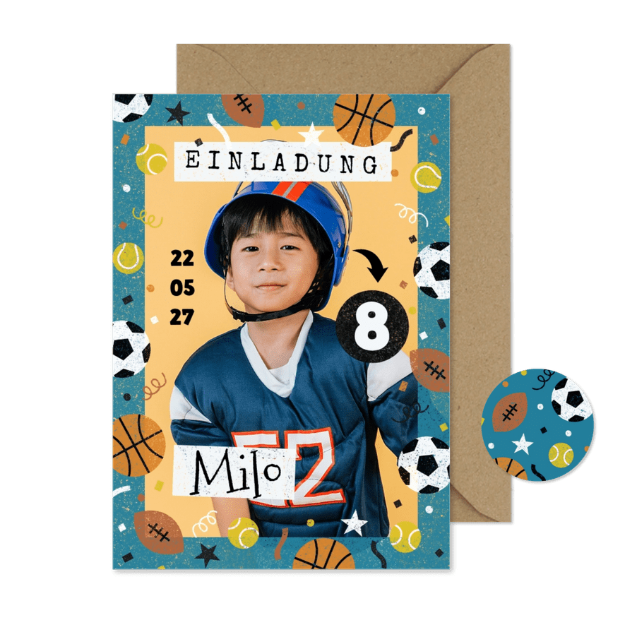 Foto-Einladung 8. Kindergeburtstag Ballsport - Karteneindruck
