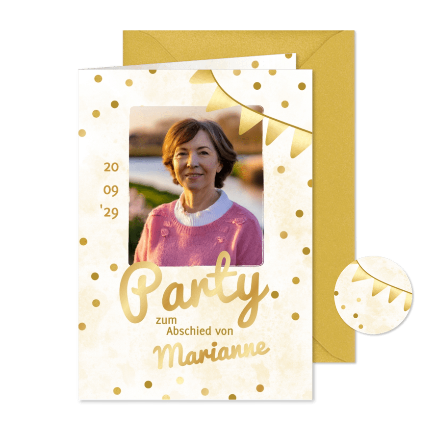 Foto-Einladung Abschiedsparty Wimpel & Konfetti - Karteneindruck
