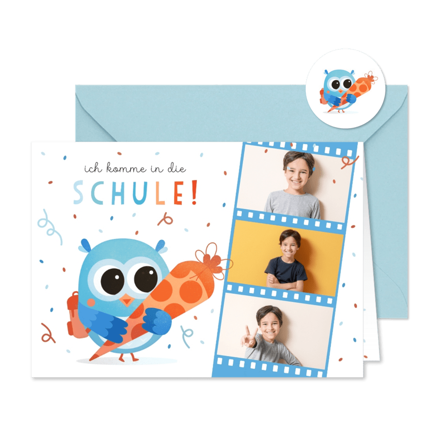Foto-Einladung Einschulung blaue Eule mit Schultüte - Kartenvorschau