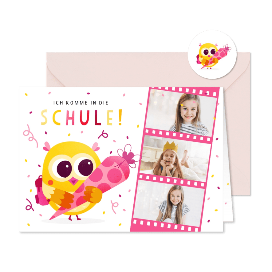 Foto-Einladung Einschulung gelbe Eule mit Schultüte - Karteneindruck