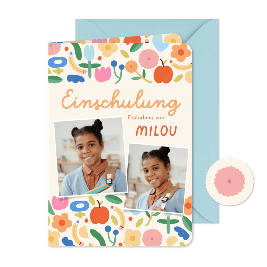 Foto-Einladung Einschulungsfeier buntes Blumenmuster - Karteneindruck
