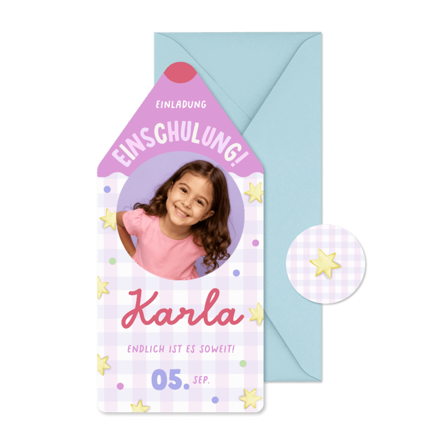 Foto-Einladung Einschulungstag Bleistift lila Karos  - Kartenvorschau
