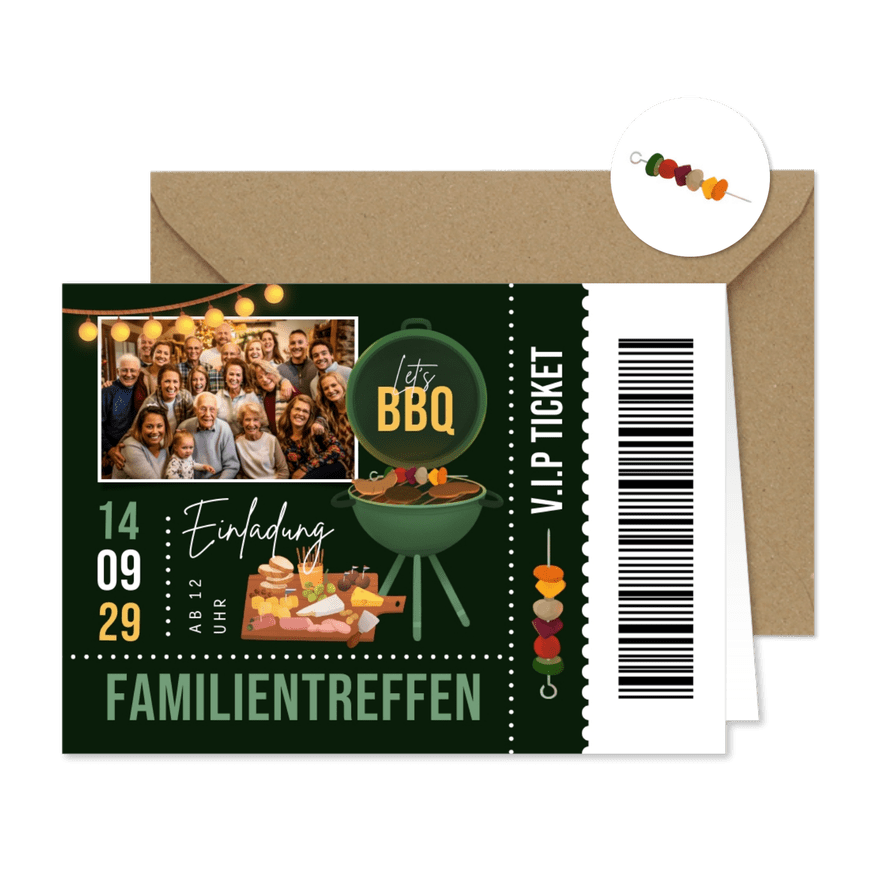 Foto-Einladung Familientreffen VIP-Ticket mit BBQ - Karteneindruck
