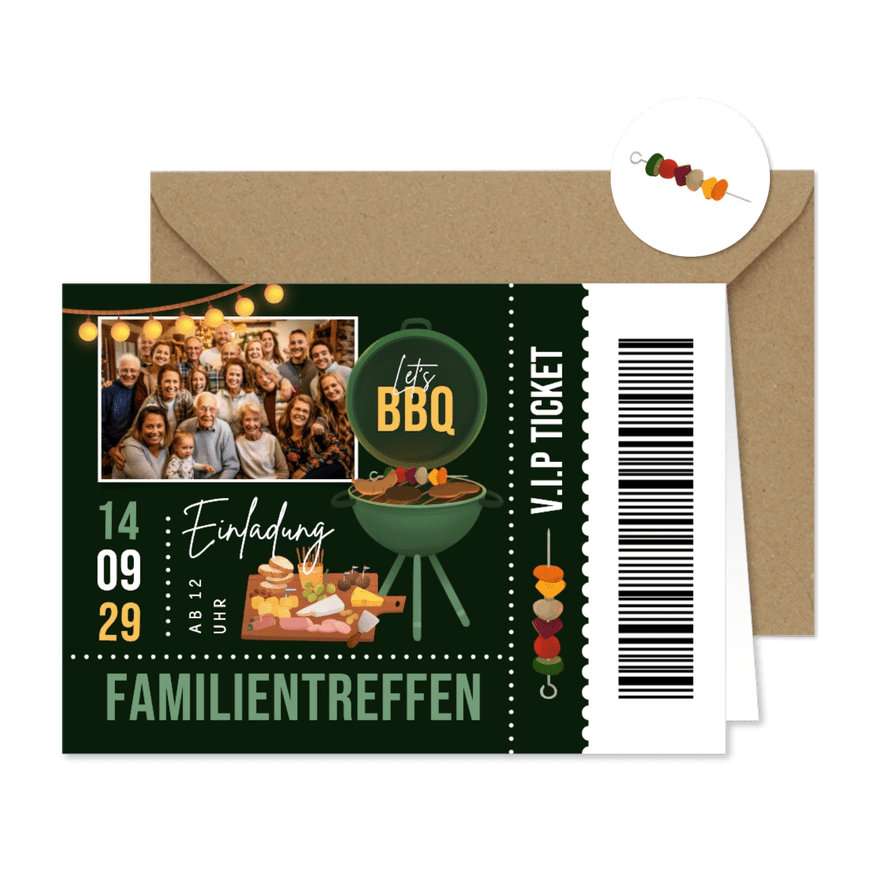 Foto-Einladung Familientreffen VIP-Ticket mit BBQ - Karteneindruck
