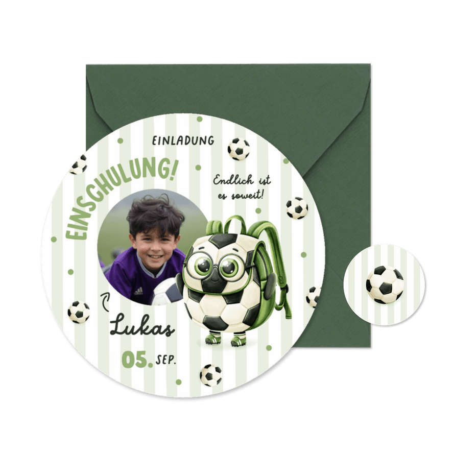Foto-Einladung Fußball-Rucksack Einschulungstag - Kartenvorschau
