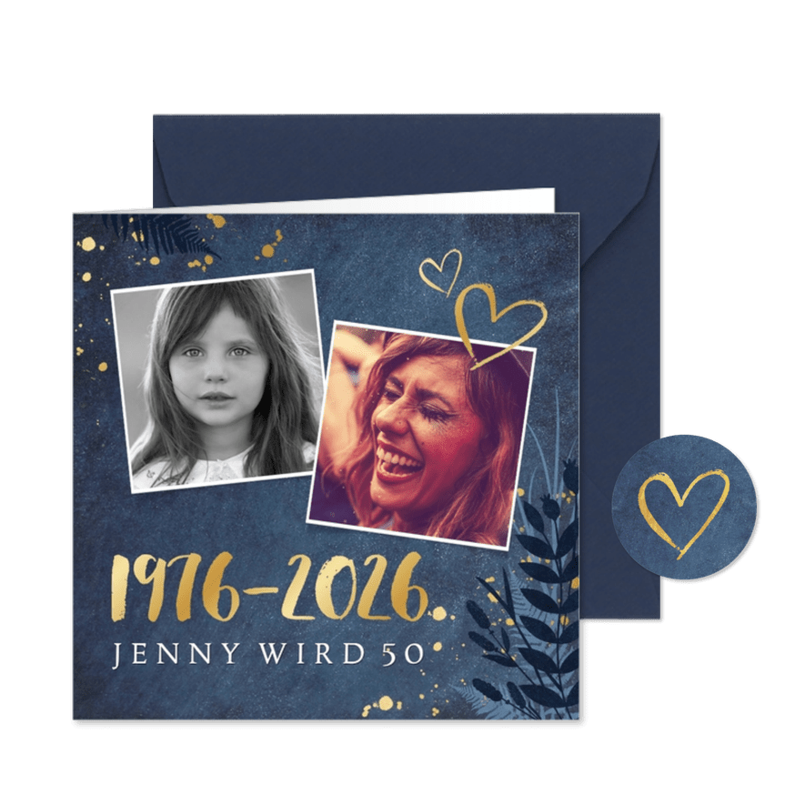 Foto-Einladung Geburtstag 50 Jahre Jahreszahlen in Gold - Karteneindruck
