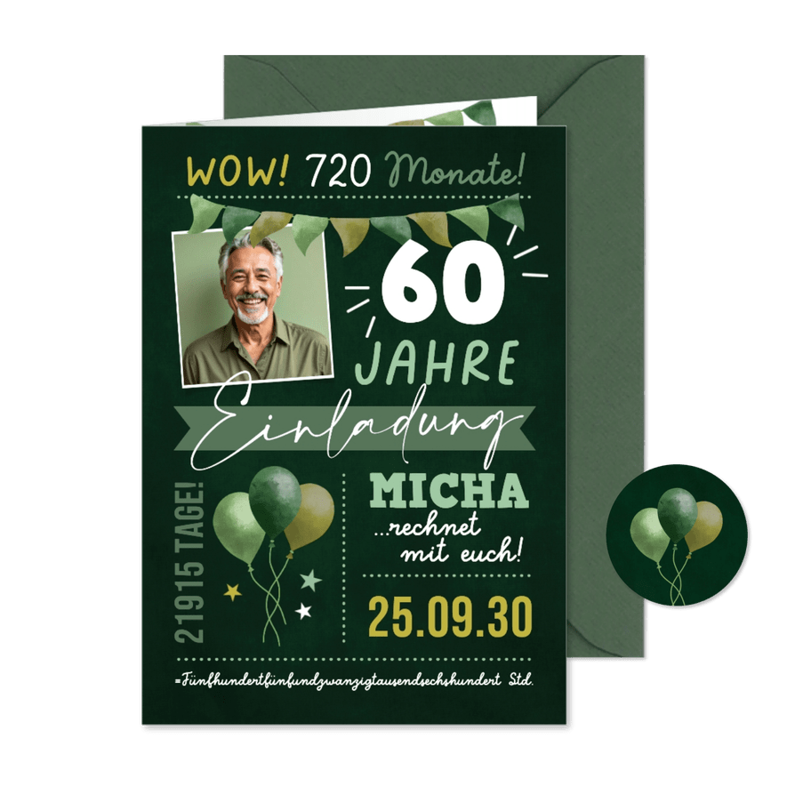Foto-Einladung Geburtstag Grüntöne Jahre, Monate, Tage  - Karteneindruck