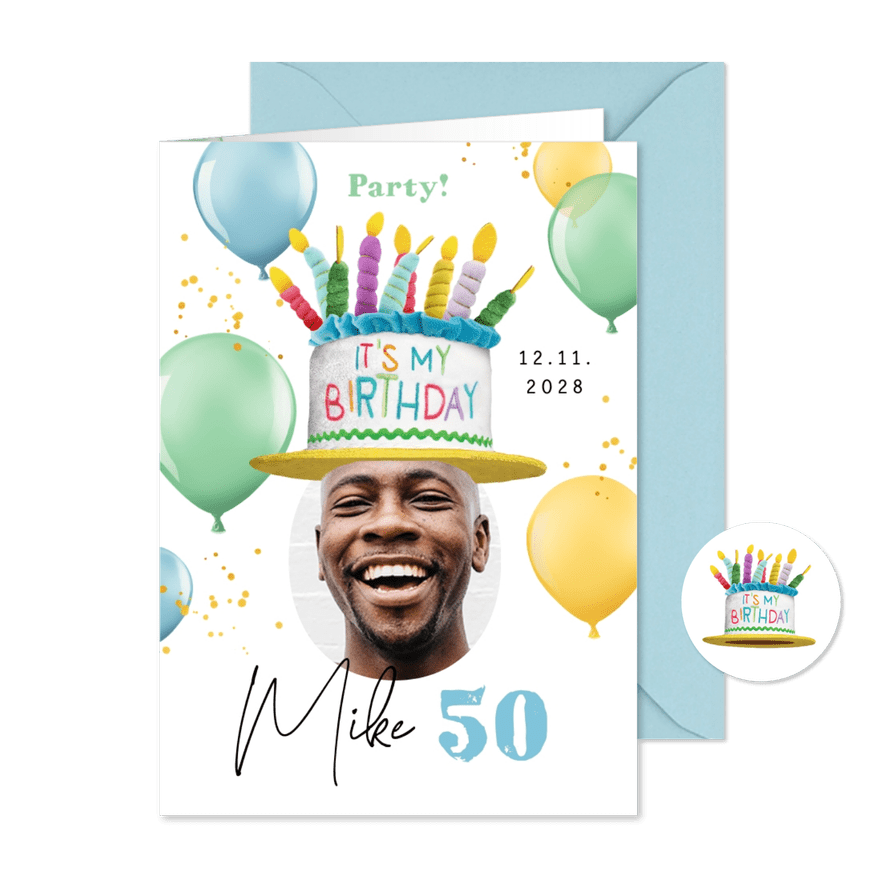 Foto-Einladung Geburtstag Partyhut - Karteneindruck