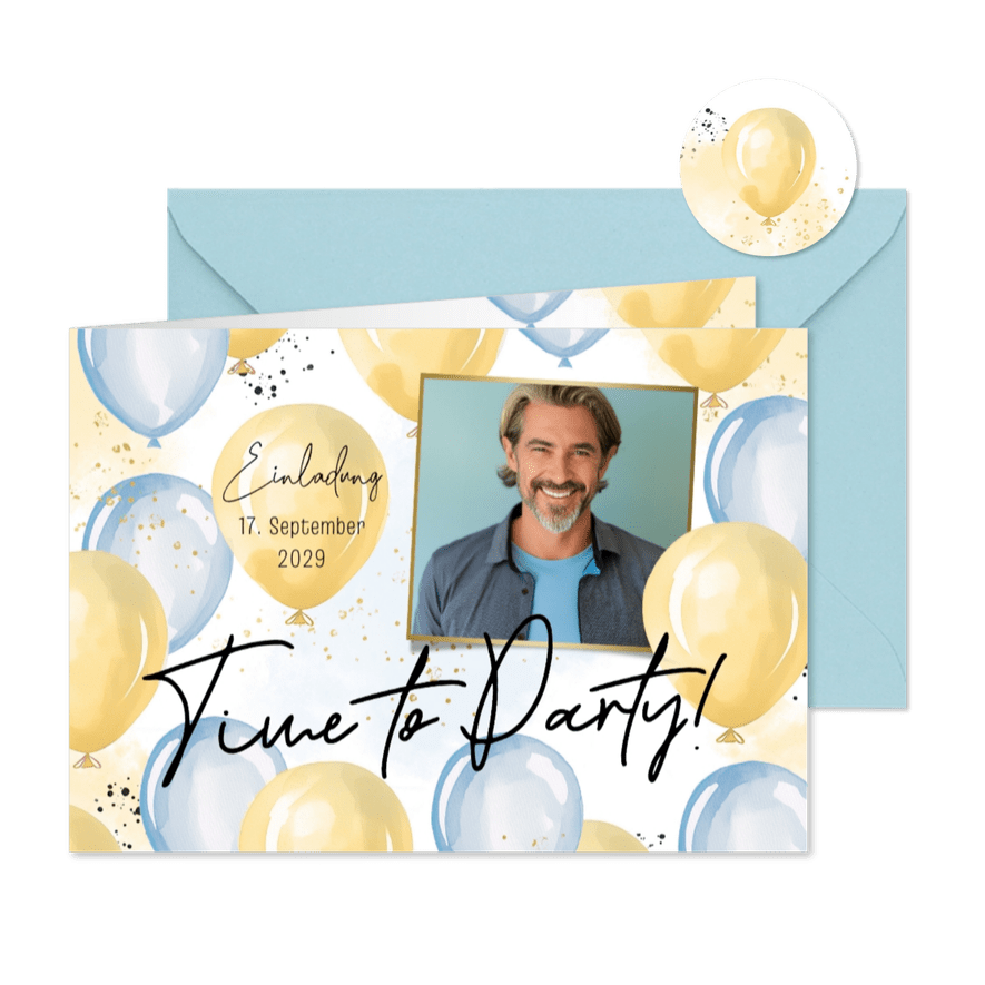 Foto-Einladung Geburtstag 'Time to party' blaue Luftballons - Karteneindruck
