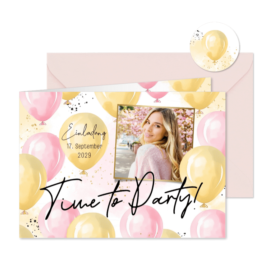 Foto-Einladung Geburtstag 'Time to party' rosa Luftballons - Karteneindruck
