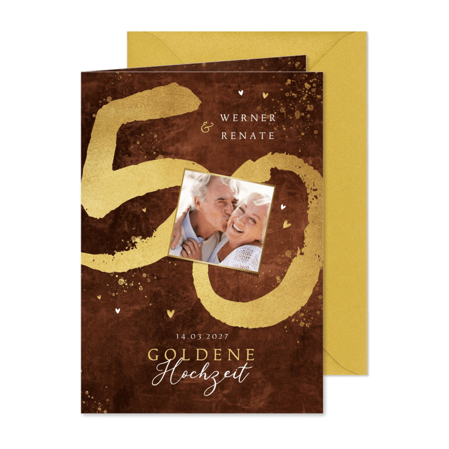 Foto-Einladung Goldene Hochzeit 50 in Goldlook - Karteneindruck
