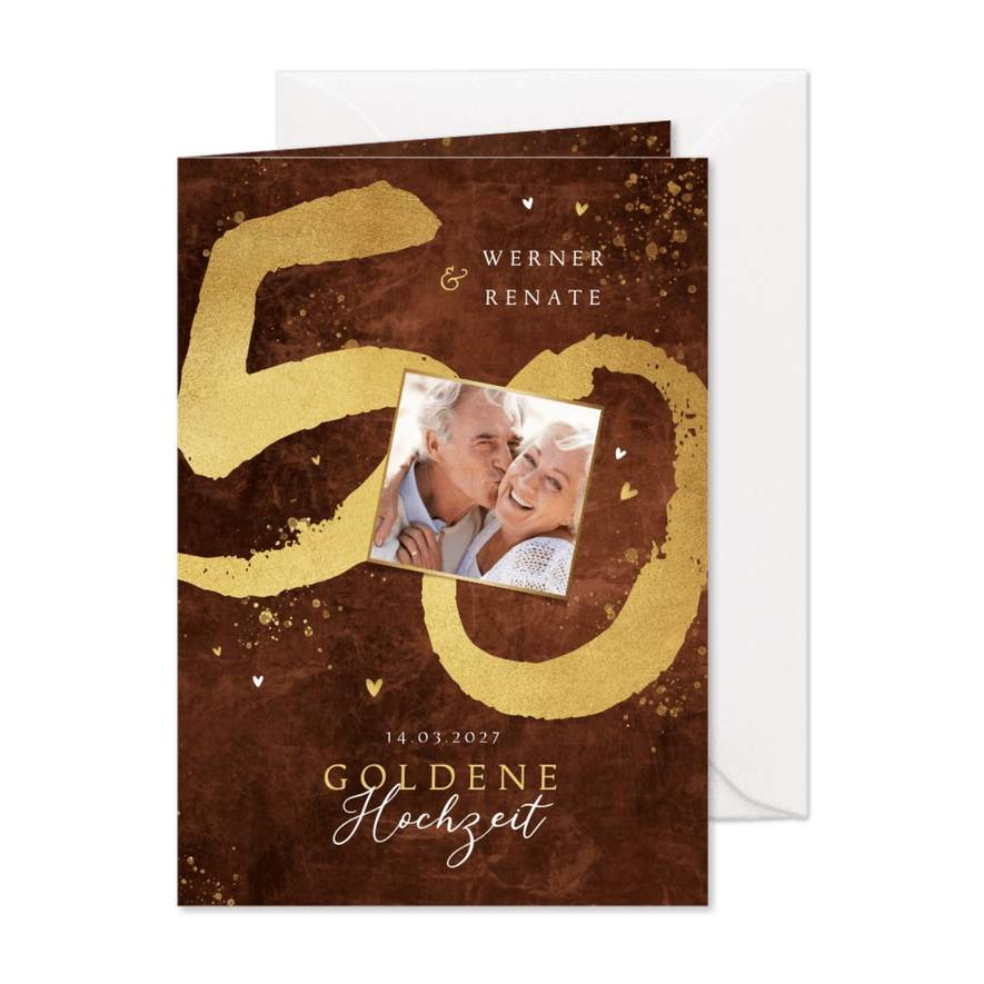 Foto-Einladung Goldene Hochzeit 50 in Goldlook - Karteneindruck
