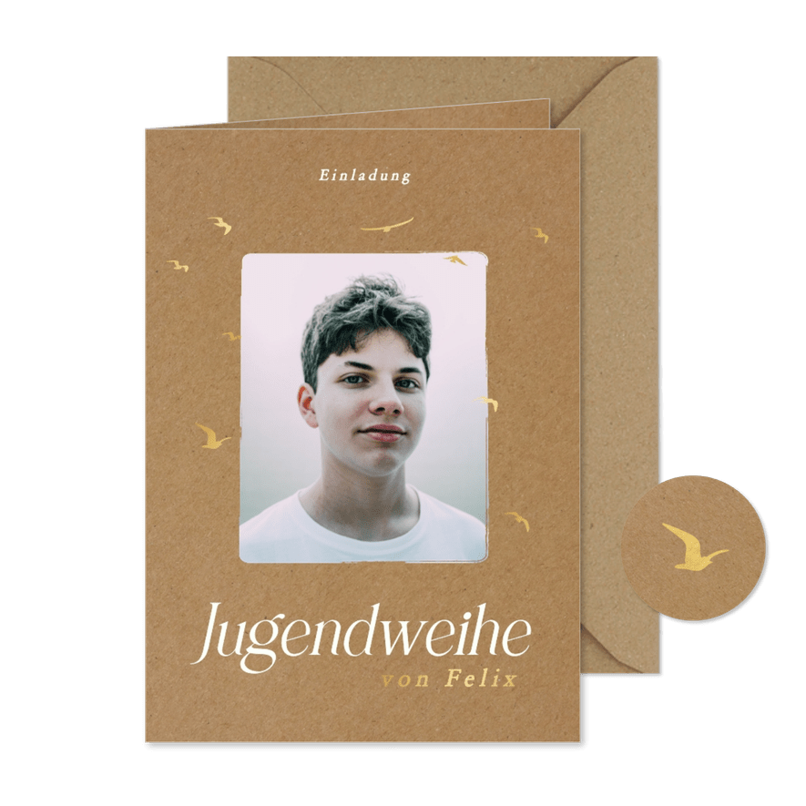 Foto-Einladung Jugendweihe auf Kraftpapier mit Vögeln - Karteneindruck