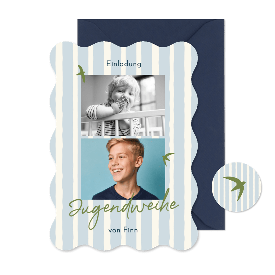 Foto-Einladung Jugendweihe Vögel blau gestreift  - Karteneindruck

