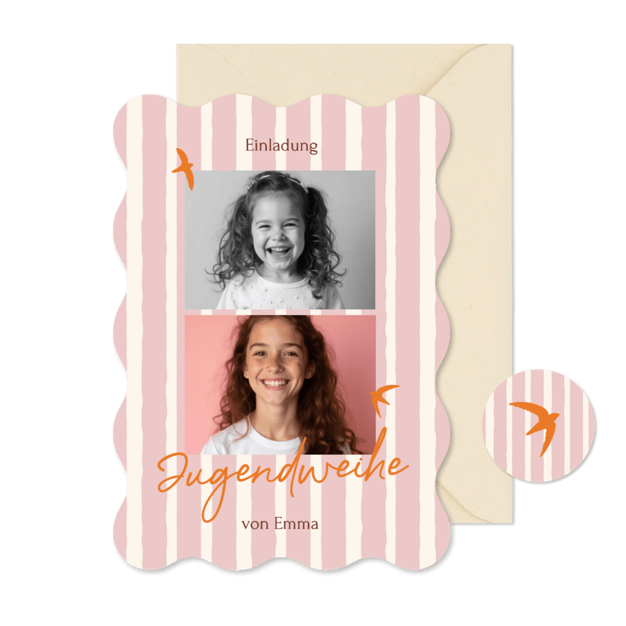 Foto-Einladung Jugendweihe Vögel rosa gestreift - Karteneindruck
