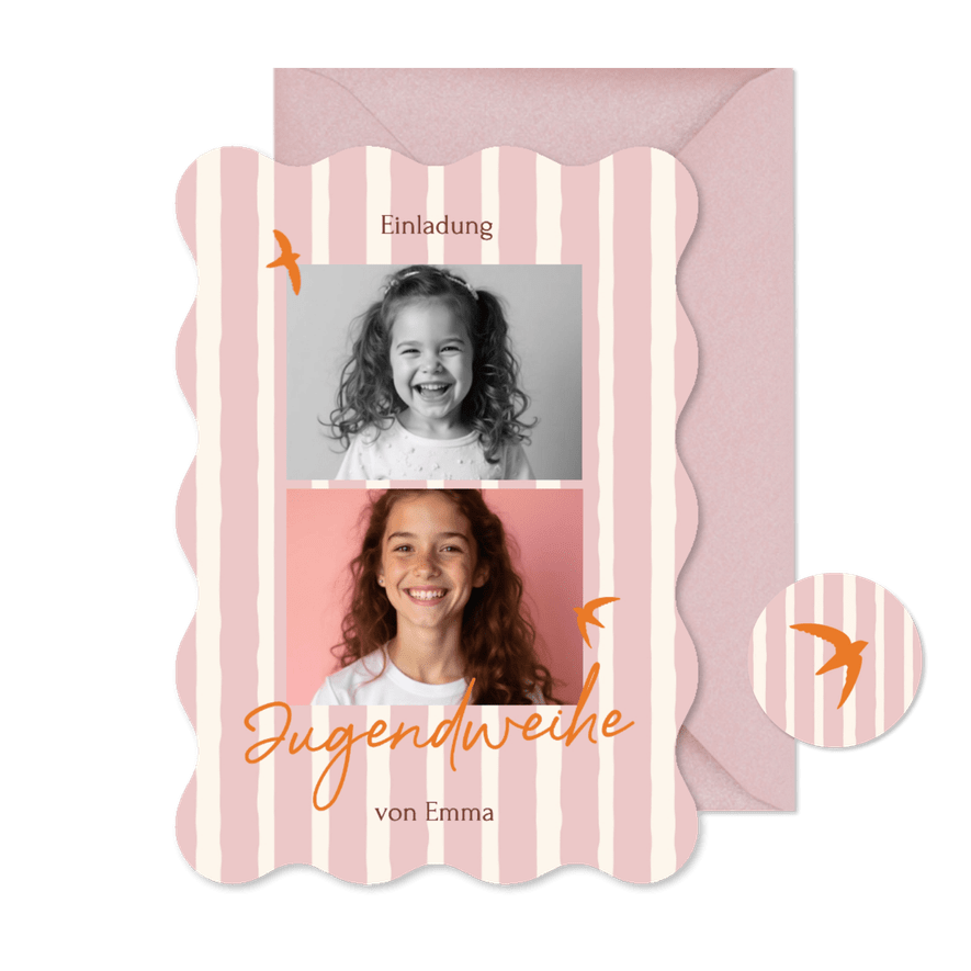 Foto-Einladung Jugendweihe Vögel rosa gestreift - Karteneindruck
