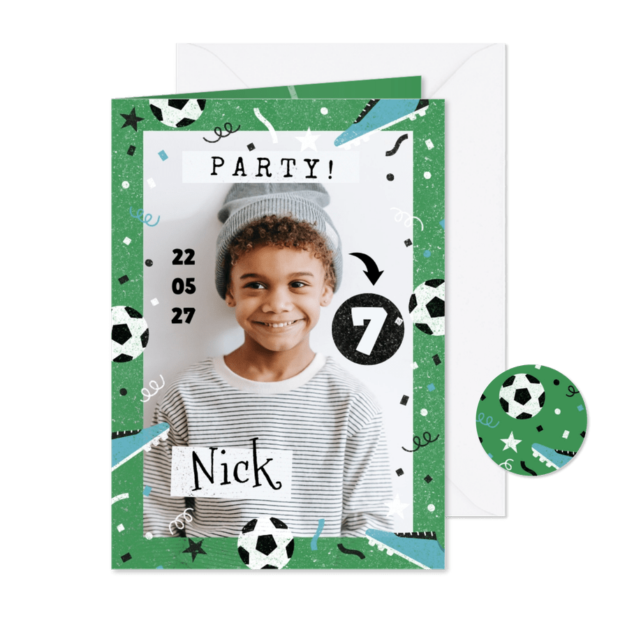Foto-Einladung Kindergeburtstag Fußball 7 Jahre - Karteneindruck